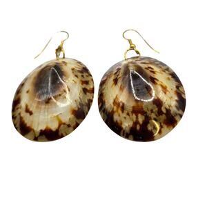 Natural Shell Dangle Earrings Brown Cream Gold Tone Hook Boho Beach Jewelry